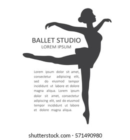 Simple illustration with dancing girl and text. Ballet studio, poster design. Black and white illustration with pose of ballet