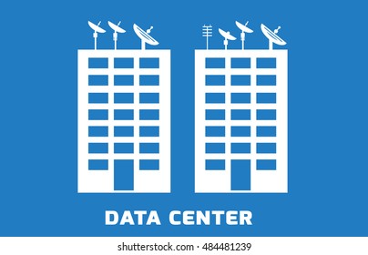 Simple Illustration Of Data Center With Satellites On The Top, Building With Servers, Blue Background