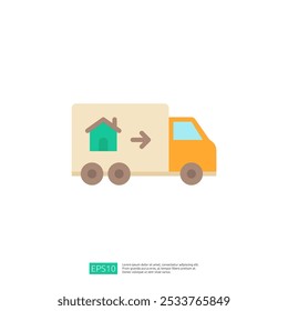 A simple illustration of a delivery truck featuring a house icon, symbolizing moving or transporting residential items.
