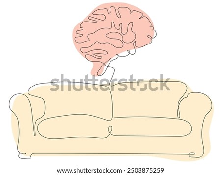 A simple illustration depicting a couch with a brain floating above it, symbolizing the connection between mental health and therapy.