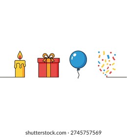A simple illustration depicting elements of a celebration: a lit candle, a wrapped gift box, a blue balloon, and confetti falling.