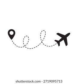 A simple illustration depicting flight path from a location point with an airplane