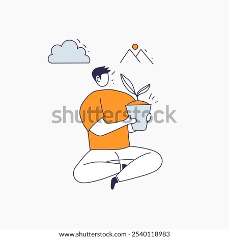 A simple illustration depicting a man sitting in a lotus position, carefully holding a potted plant.