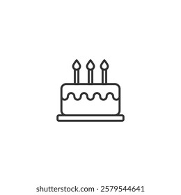 A simple, illustration depicting a outline birthday cake with three lit candles on top. Great for designs related to birthdays, celebrations, and festive occasions.