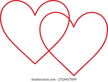 A simple illustration depicting two interconnected red hearts overlapping symbolizing love connection and affection
