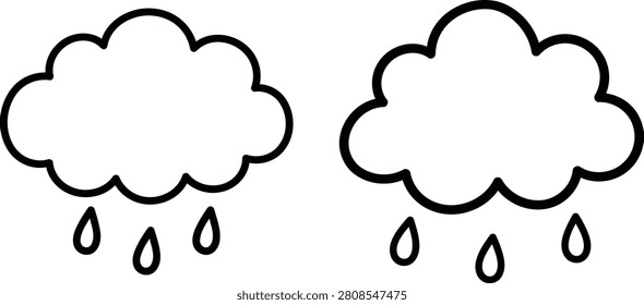 A simple illustration depicting two rain clouds with falling raindrops, presented as a distinctive black and white silhouette.