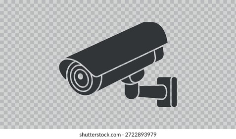 Eine einfache Abbildung zeigt eine schwarze Sicherheitskamera auf transparentem Hintergrund, die Überwachungs- und Überwachungstechnologie in einem modernen Kontext darstellt