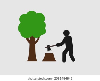 A simple illustration depicts a black silhouette of a person chopping down a green tree with an axe