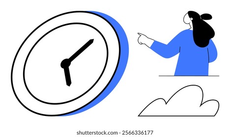 A simple illustration depicts a clock, a woman pointing, and a cloud. Ideal for scheduling, time management, punctuality, productivity, reminders. Clean lines with blue accents