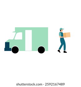 A simple illustration depicts a delivery worker carrying a cardboard box and walking away from a light green delivery van.