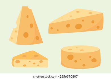 A simple illustration depicts four different shapes and sizes of cheese pieces with holes.