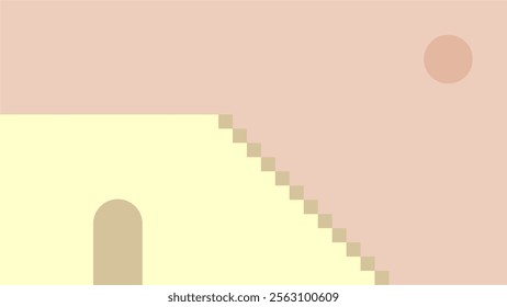 A simple illustration depicts a pale yellow building with a staircase leading upward against a pale pink sky featuring a single sun.  The minimalist geometric forms are striking.