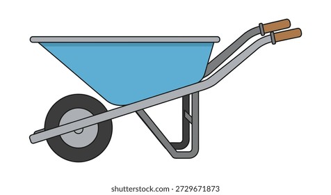 Ilustração simples retrata uma única carriola vazia com uma banheira azul brilhante, uma moldura de metal cinza e garras marrons contrastantes prontos para uso em jardim ou construção.