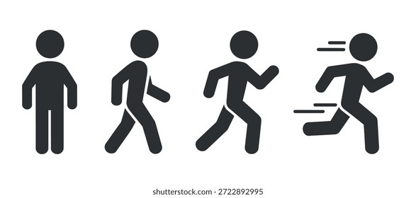 Eine einfache Illustration zeigt die Stadien des menschlichen Gehens und Laufens, die den Fortschritt vom Stehen zur vollen Schrittbewegung zeigen