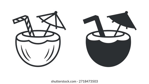 uma ilustração simples retrata duas bebidas de coco, uma em relevo e outra em preto sólido, ambas adornadas com palhas e guarda-chuvas minúsculos