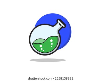 Simple illustration design of flask bottle with liquid, vector flat design icon of round chemical lab equipment with white background and round shape
