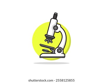 Simple illustration design of a microscope, vector icon of a microscope with black outline and thin shadow, flat design with white background and round shape