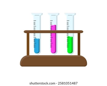 Simple illustration design of several test tubes with liquid on a wooden holder, vector flat icon realistic model of chemical laboratory equipment on white background