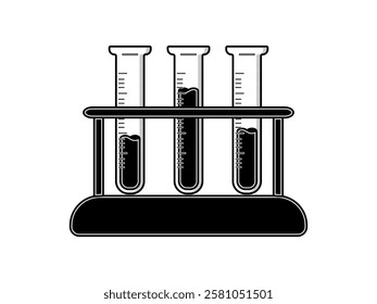 Simple illustration design of several test tubes with liquid, on wooden holder, black and white style flat icon vector of chemical laboratory equipment on white background