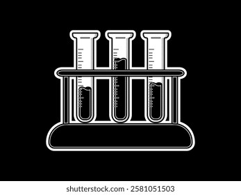 Simple illustration design of several test tubes with liquid, on a wooden holder, vector flat icon in black and white style of chemical laboratory equipment on black background