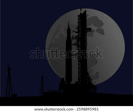A simple illustration design for a silhouette of a space launch site with a giant rocket standing tall preparing for a mission to the moon.