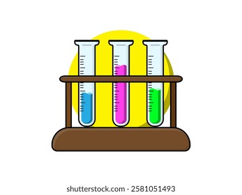 Simple illustration design of some test tubes with liquid on wooden holder, flat design vector icon of chemical laboratory equipment with white background and round shape