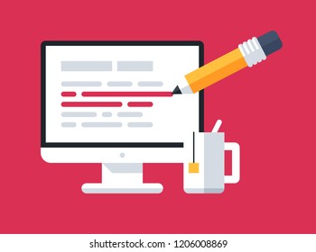 Simple illustration of a desktop computer with edited text. Flat style on red background. Vector icon.