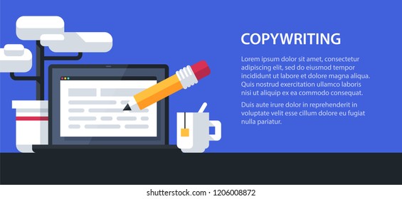 Simple illustration of a desktop computer with written text and big yellow pencil. Flat style on blue background. Vector icon.
