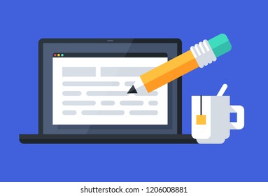 Simple illustration of a desktop computer with written text and big yellow pencil. Flat style on blue background. Vector icon.