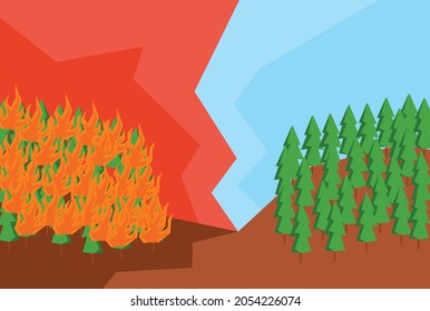 A simple illustration of different side between burned forest and green forest