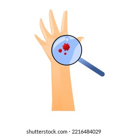 simple illustration of the discovery of a new virus that spreads by hand touch, viewed through a magnifying glass
