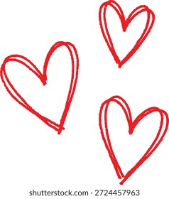 A simple illustration displaying three hand drawn red hearts on a plain white background conveying affection