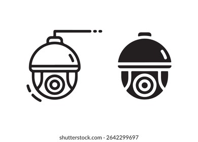 A simple illustration of a dome security camera, shown in both line art and solid black styles. The camera is isolated on a white background, making it ideal for various applications.
