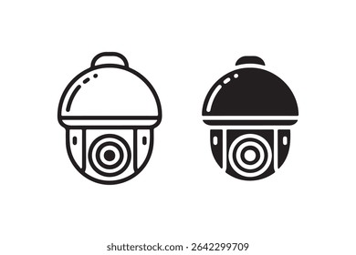 Simple illustration of a dome security camera in black and white line art style. Isolated on a white background, perfect for security, surveillance, or technology related projects.