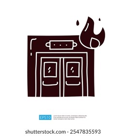A simple illustration of double doors with a flame above, suggesting a fire emergency.