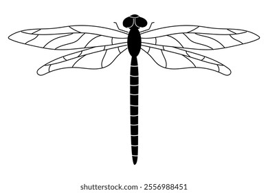 A simple illustration of dragobfly silhouette. Black and white flying insect.