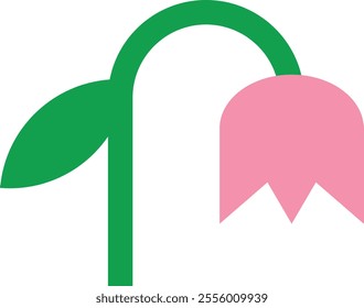 Simple illustration of a drooping flower with a green stem and leaves and a pink bloom