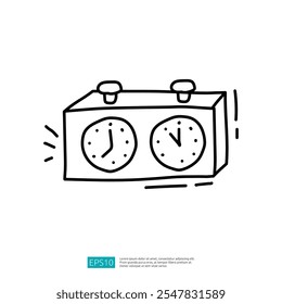 A simple illustration of a dual clock, featuring two circular clock faces with hands indicating different times, emphasizing timekeeping.