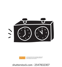 A simple illustration of a dual-faced alarm clock, featuring two clock faces with different times, emphasizing its function as a timekeeping device.