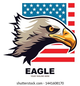 Simple illustration of an eagle head for a logo or icon against the background of a United States flag. - Vector.