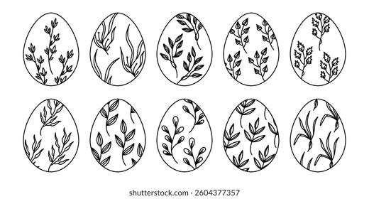 Simple illustration for Easter - patterned eggs isolated on white background. Spring ornamented eggs with leaves set for greeting cards, patterned elements. Set of floral outline Easter eggs