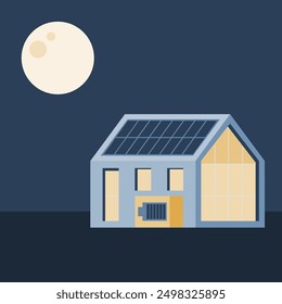 Ilustración simple de la casa respetuosa del medio ambiente que utiliza energía solar durante la noche. Construcción con módulos fotovoltaicos, almacenamiento de energía renovable y gestión eficiente de la energía.