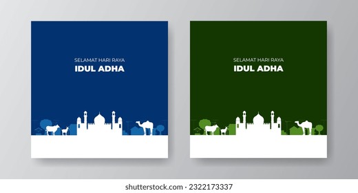 simple illustration of eid al adha celebration with mosque, cow, goat, house and camel