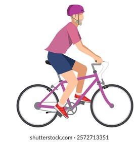 Simple illustration of an elderly Caucasian man wearing a helmet in sportswear riding a bicycle, white background.