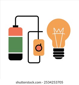 A simple illustration of an electrical circuit with a battery, a light bulb, and a switch. The battery is connected to the light bulb via a wire. 