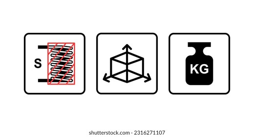 A simple illustration of the elements of the measurement concept in the form of icons, weight, volume, area. Black color on a white background. Vector.