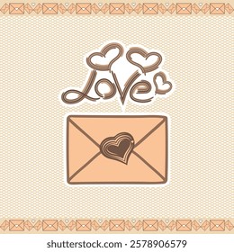 A simple illustration of an envelope.  The word love. Postcard, letter, sticker in light brown tones on Valentine's day. 