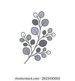 A simple illustration of a eucalyptus branch featuring numerous round leaves in varying shades of grey against a white background.