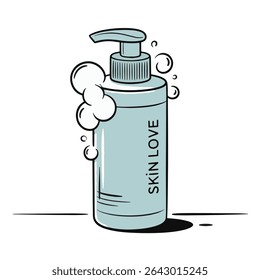 Simple illustration of a facial cleanser bottle with a pump and soft foam bubbles. Perfect for skincare, beauty, or hygiene themes