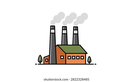 Simple illustration of a factory building with three tall smoke stacks emitting grey smoke clouds against a plain white background for industry.